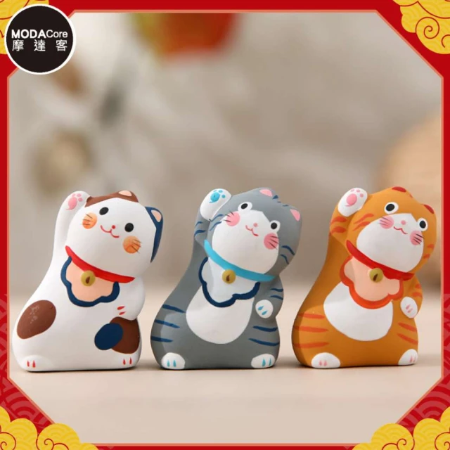 摩達客摩達客 祈願招福-體操伸展招財貓迷你陶瓷開運擺飾三入組合