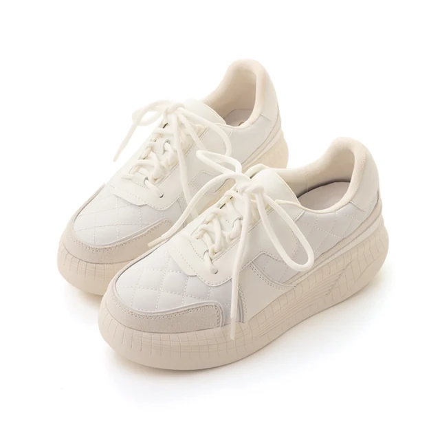 amai 時尚異材質拼色菱格小香風厚底休閒鞋 休閒鞋 懶人鞋 小白鞋 厚底鞋 百搭 大尺碼 GS41WT(白色)