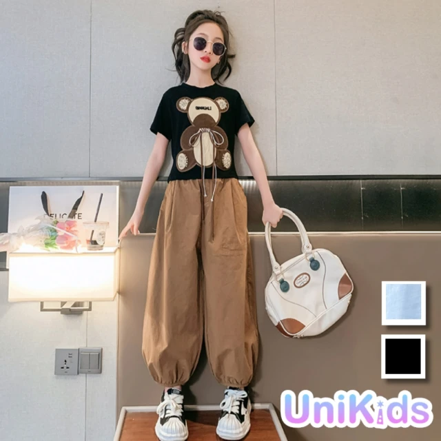 UniKids 現貨 中大童裝140碼2件套裝小熊短袖T恤休閒長褲 女大童裝 VPWZJ2320(黑)