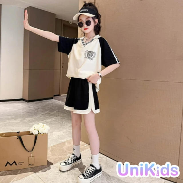 UniKids 現貨 中大童裝150碼2件套裝撞色短袖上衣運動短褲 女大童裝 VP23-18(米)