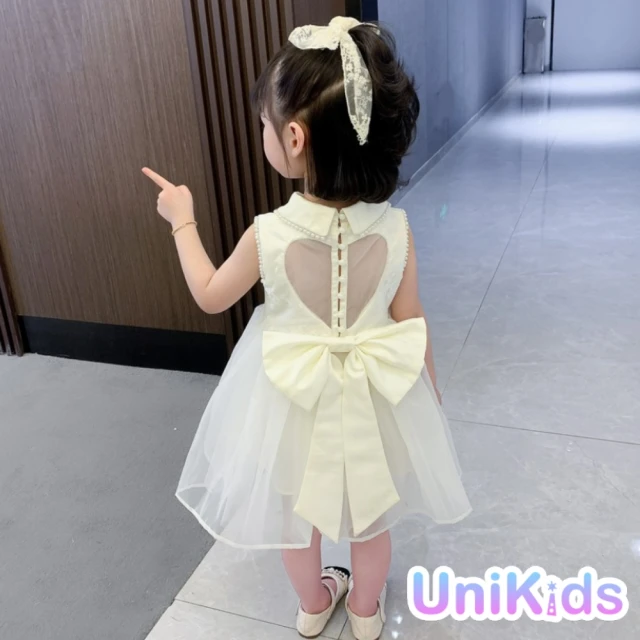 UniKids 現貨 中大童裝150碼無袖禮服 愛心露背珍珠洋裝公主服 女大童裝 CV愛心露背(乳白)