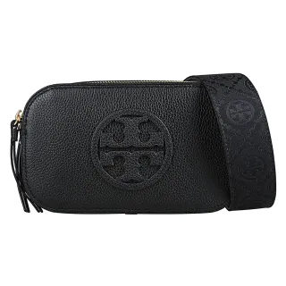【TORY BURCH】TORY BURCH 經典雙T圓標標誌荔枝紋壓紋皮革斜背雙拉鍊相機包(黑)