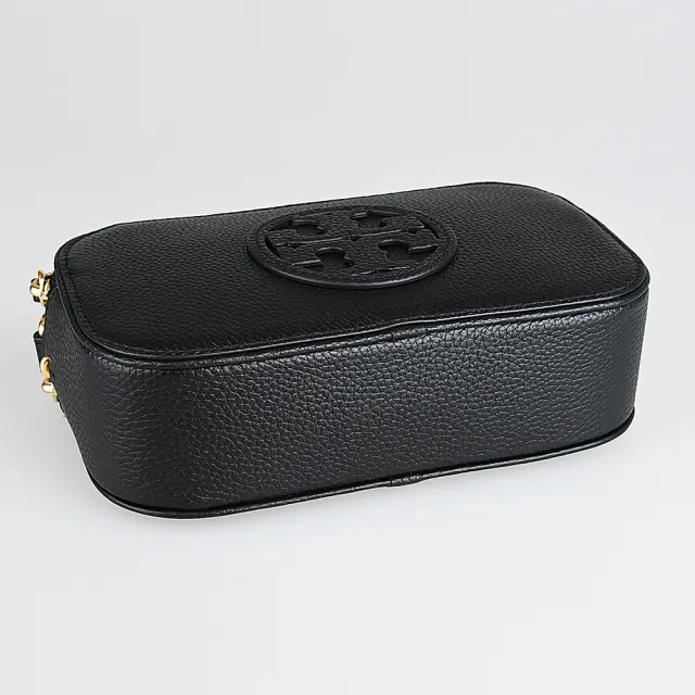 【TORY BURCH】TORY BURCH 經典雙T圓標標誌荔枝紋壓紋皮革斜背雙拉鍊相機包(黑)