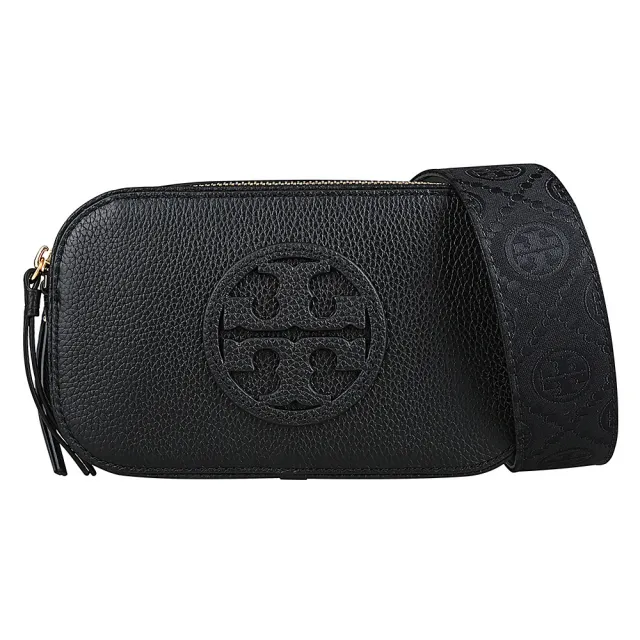 【TORY BURCH】TORY BURCH 經典雙T圓標標誌荔枝紋壓紋皮革斜背雙拉鍊相機包(黑)