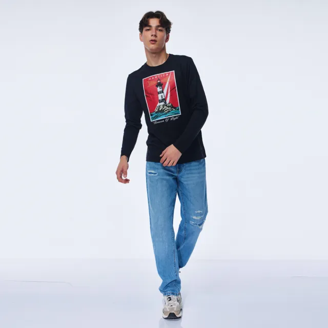 【NAUTICA】官方旗艦 男裝 燈塔圖騰印花長袖T恤(黑色)