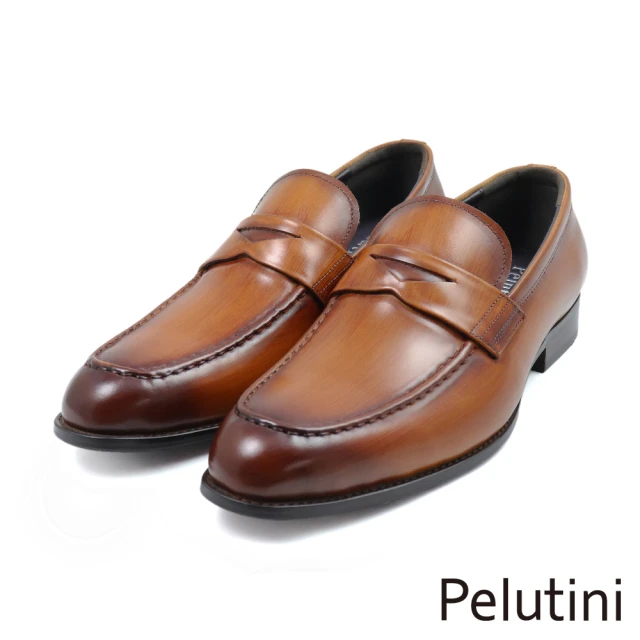 Pelutini 經典素面刷色簡約商務便士樂福鞋 棕色(412140-BR)