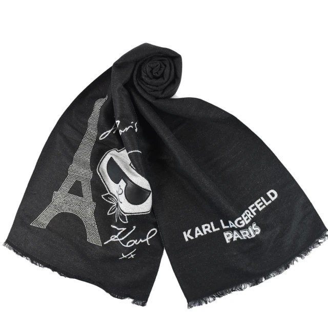 KARL LAGERFELD 卡爾KARL LAGERFELD 卡爾 Choupette鉚釘鐵塔毛邊圍巾-黑色