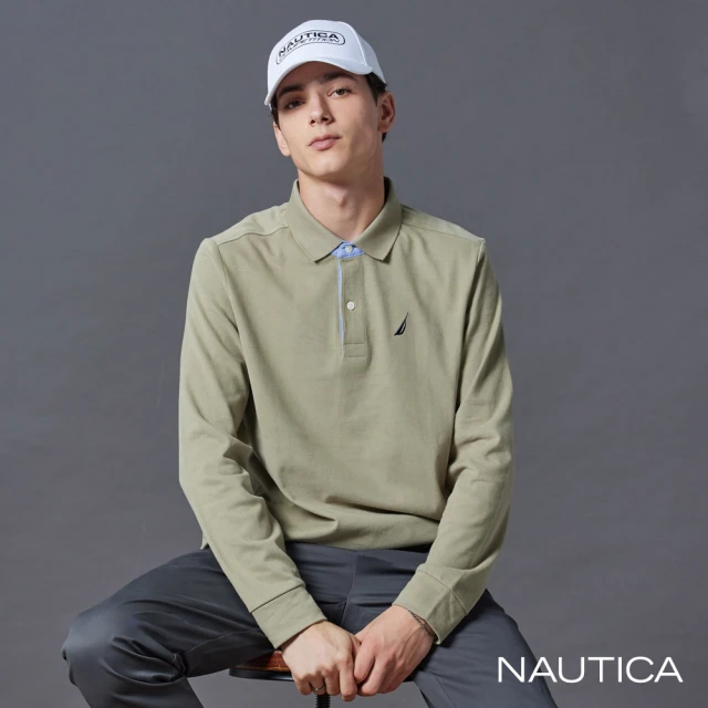 NAUTICA 官方旗艦 男裝 跳色領圍長袖POLO衫(卡其色)