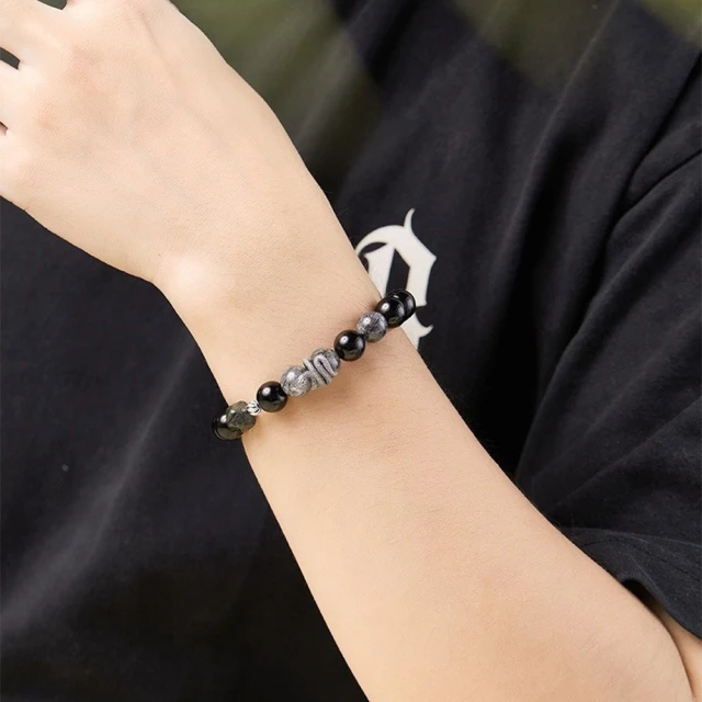 MoonDyMoonDy 水晶手串 黑曜石 黑髮晶 手鍊 手環 飾品 復古風 925 純銀 本命年 新中式 黑曼巴 保平安 禮物