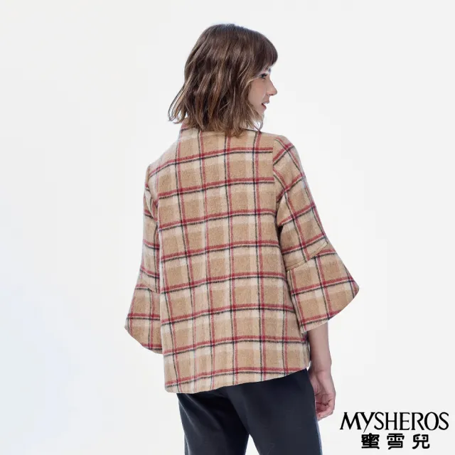 【MYSHEROS 蜜雪兒】羊毛造型外套 交疊喇叭寬袖 經典方格紋(駝)