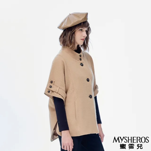 【MYSHEROS 蜜雪兒】質感造型大衣 羊毛混紡安哥拉 英倫風鈕釦可調寬袖(駝)