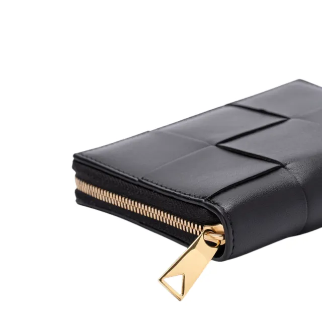 【BOTTEGA VENETA 寶緹嘉】Compact Cassette 大格編織 羊皮 拉鍊 卡夾 皮夾 短夾 黑色 681191