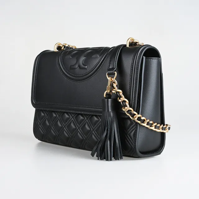 【TORY BURCH】TORY BURCH Fleming 立體圓標LOGO菱格紋縫線皮革流蘇肩背斜背鍊帶包(黑)