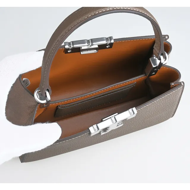 【TORY BURCH】TORY BURCH Eleanor經典銀色T字磁吸釦荔枝紋皮革手提斜背包(蘑菇棕)