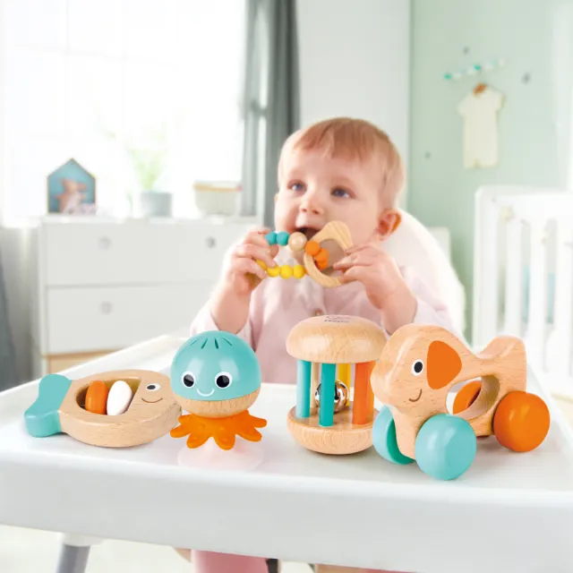 【Hape】嬰幼兒安撫搖鈴五件組(聲音玩具/安撫搖鈴/木製玩具/木頭玩具)
