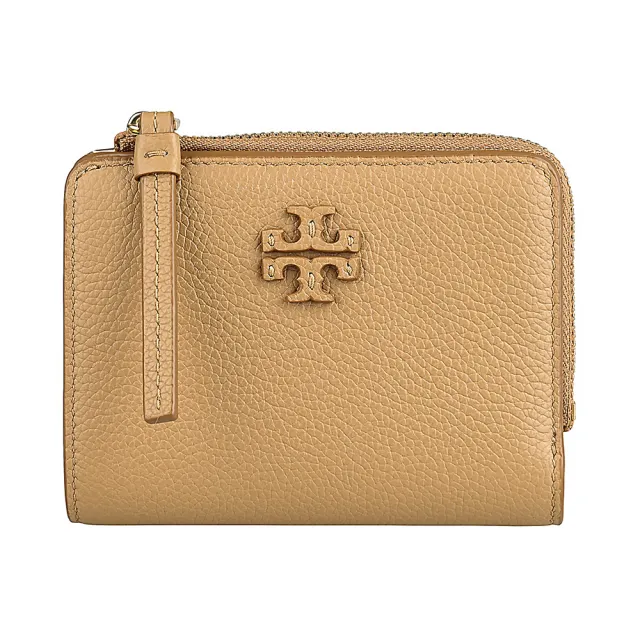 【TORY BURCH】TORY BURCH Mcgraw皮革雙T字LOGO荔枝紋小牛皮內外撞色設計6卡壓釦式拉鍊零錢短夾(棕)