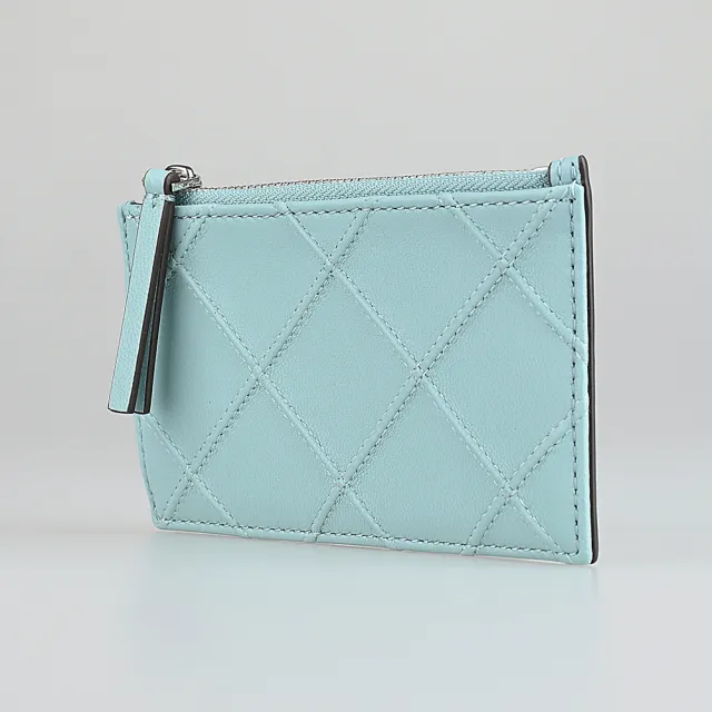 【TORY BURCH】TORY BURCH Fleming背面浮雕LOGO小羊皮菱格設計4卡拉鍊零錢卡夾(藍綠)