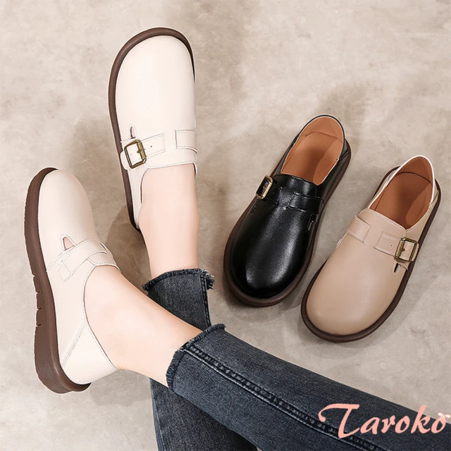 Taroko 英倫金屬一字坡跟防滑圓頭真牛皮豆豆鞋(3色可選