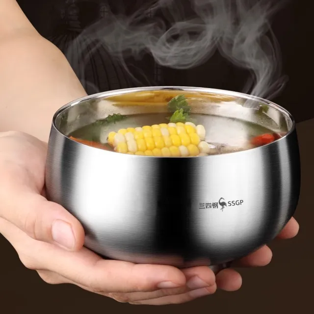 【PUSH!】餐具用品 316不銹鋼碗 雙層隔熱防燙飯碗兒童碗耐摔碗 湯碗食品級碗 附湯匙(碗 15CM E207-2)