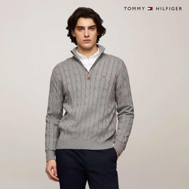 Tommy Hilfiger 官方旗艦館 絞花針織小高領拉鍊領毛衣_灰色