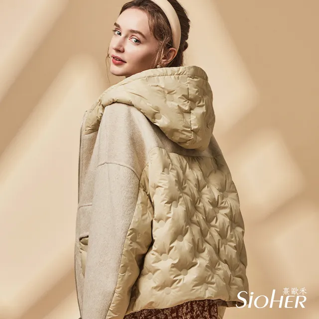 【SiOHER 熹歐禾】現貨 拼接羊毛羽絨連帽外套(秋冬/女外套/羽絨外套)