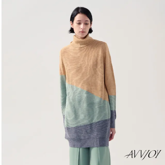 【AVVJOY 艾薇卓爾】高領幾何色塊針織長上衣(羊毛 毛衣 針織衫 針織毛衣 針織上衣 長袖毛衣 CLA0372TP)（其他規格）