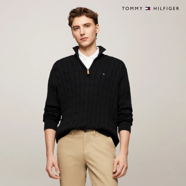 Tommy Hilfiger 官方旗艦館 絞花針織小高領拉鍊領毛衣_黑色