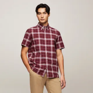 【Tommy Hilfiger】官方旗艦館 格子彈性短袖牛津襯衫_紅色