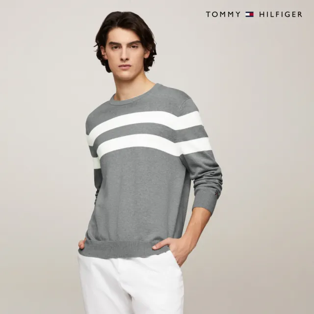 【TOMMY HILFIGER】官方旗艦館 條紋圓領針織毛衣_灰色