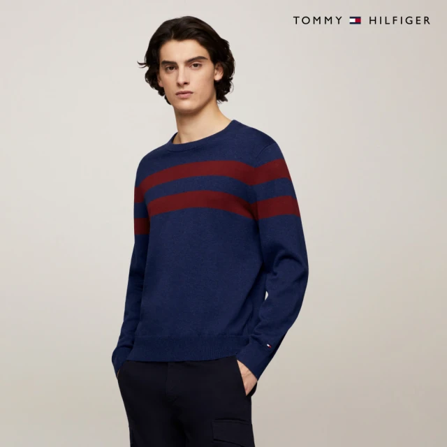 Tommy Hilfiger 官方旗艦館 條紋圓領針織毛衣_藍色