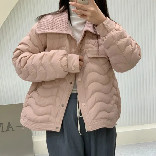 【米蘭精品】現貨+預購 真羽絨90%鴨絨羽絨外套(高端甜美針織大翻領拼接女夾克2色74jx37)