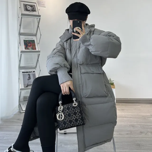 【米蘭精品】現貨+預購 真羽絨90%鴨絨羽絨外套(韓版花苞帽連帽螺紋袖保暖過膝中長款女夾克5色74jx51)