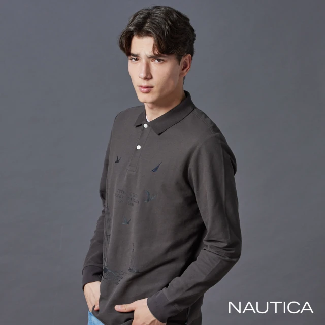 NAUTICA 官方旗艦 男裝 涼感帆船印花長袖POLO衫(咖啡色)