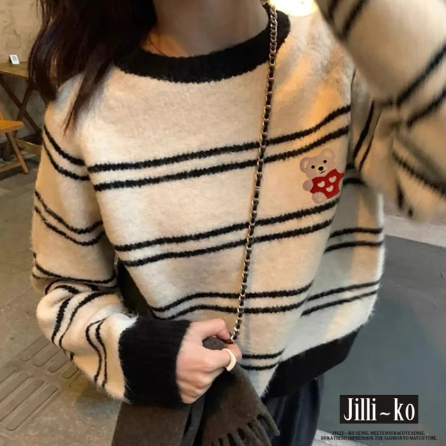 JILLI-KO 法式刺繡愛心小熊短款條紋毛衣-F(白)