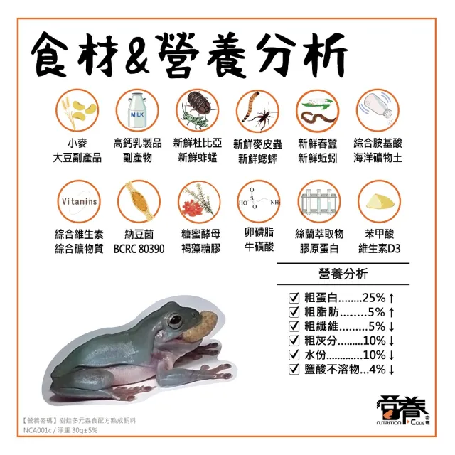 【Nutrition Code 營養密碼】樹蛙多元蟲食配方熟成飼料 30g(老爺樹蛙、紅眼樹蛙、三角枯葉蛙)