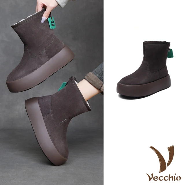 Vecchio 真皮雪靴 厚底雪靴/經典麂皮絨面復古拼接厚底