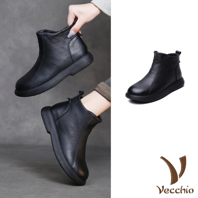 VecchioVecchio 真皮短靴 軟底短靴/真皮頭層牛皮保暖羊毛內裡舒適軟底短靴(黑)