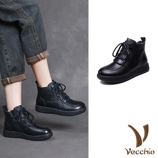 Vecchio 真皮短靴 繫帶短靴/真皮頭層牛皮保暖羊毛復古