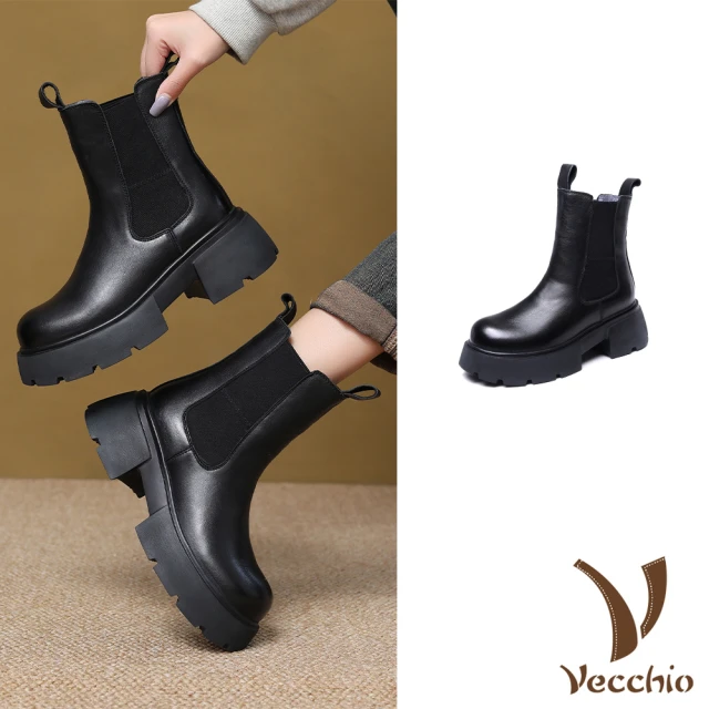 VecchioVecchio 真皮中筒靴 厚底中筒靴/真皮頭層牛皮保暖絨裡厚底粗跟切爾西中筒靴(黑)