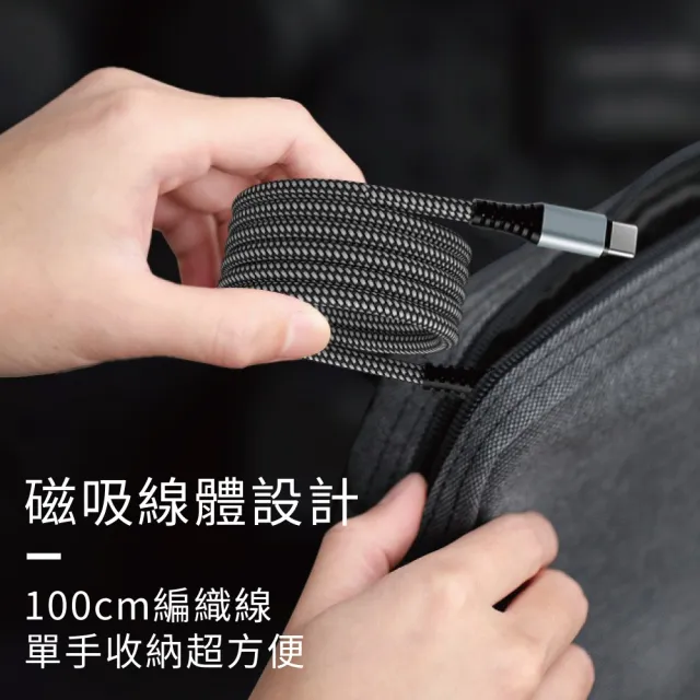 【KooPin】極速60W 雙孔PD+QC 工業風 車用充電器+雙頭Type-C 磁吸收納快充線(1A1C)