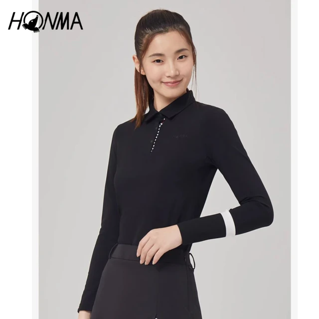 HONMA 本間高爾夫 女款一體織修身長袖POLO衫 日本高爾夫專業品牌(XS-L 黑色任選HWJQ705R912)