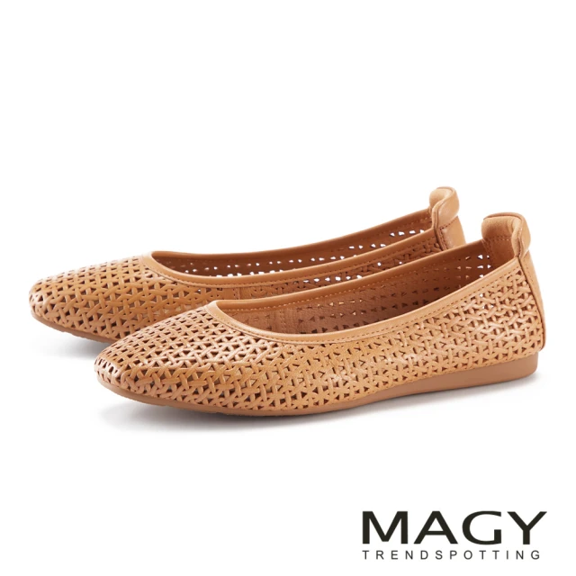 MAGY 全真皮透氣簍空舒適平底鞋(棕色)