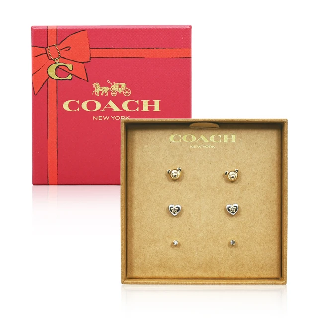 COACHCOACH 熊熊+愛心+單鑽耳針式耳環禮盒組(情人節 送禮)