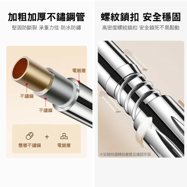 【新錸家居】第五代加長粗款免打孔多用途不鏽鋼伸縮桿130-240cm(萬用旋轉型吊衣曬衣桿/窗簾桿門簾浴簾桿)  