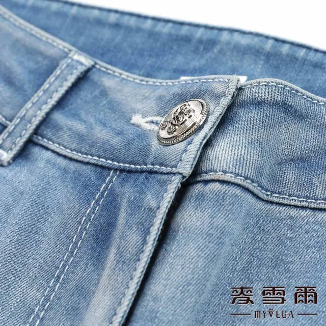 【MYVEGA 麥雪爾】彈力褲耳刷色九分丹寧牛仔褲-藍