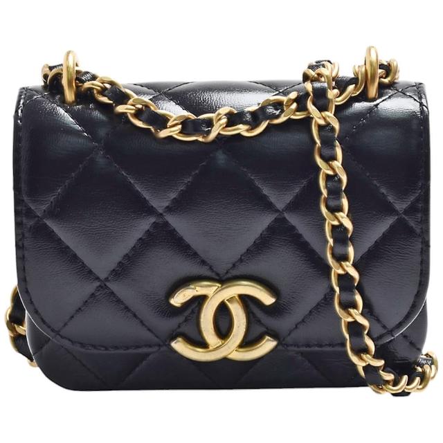 【CHANEL 香奈兒】經典雙C LOGO菱格紋小牛皮雙層斜背小包(黑色AP3372C-BLK-GPN)