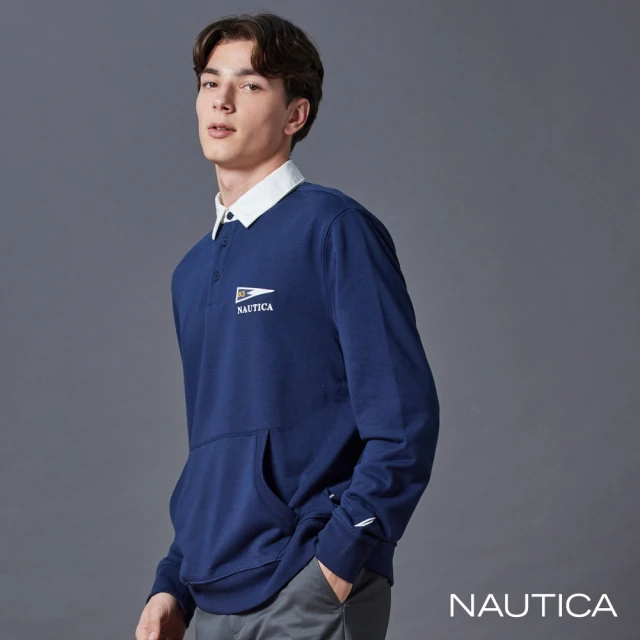 NAUTICA 官方旗艦 男裝 跳色領圍長袖POLO衫(藍色)