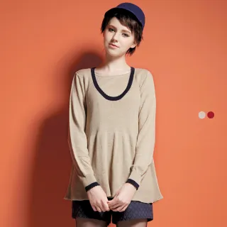 【Gennies 奇妮】氣質針織羅紋哺乳上衣-駝/紅(孕婦裝 哺乳衣 針織 花邊袖口 長袖 下拉哺乳 歐歐咪妮)