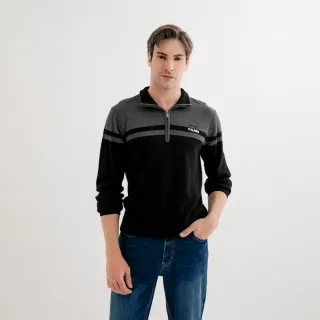 【Arnold Palmer 雨傘】男裝-狀色拼接半開襟長袖針織線衫(黑色)