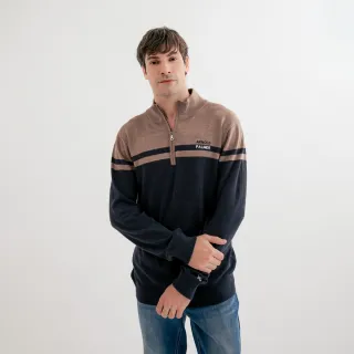 【Arnold Palmer 雨傘】男裝-狀色拼接半開襟長袖針織線衫(藏青色)